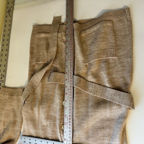 Vtg Womens Cardigan Tan Knit Button Front Waist Tie Small Pockets Retro 70s - Picture 9 of 10